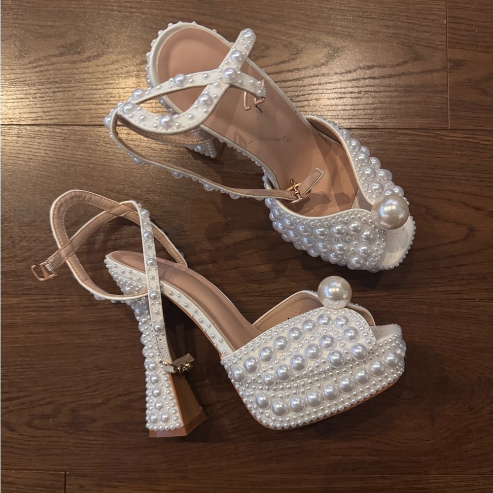 White Pearl-Embellished Platform Sandals